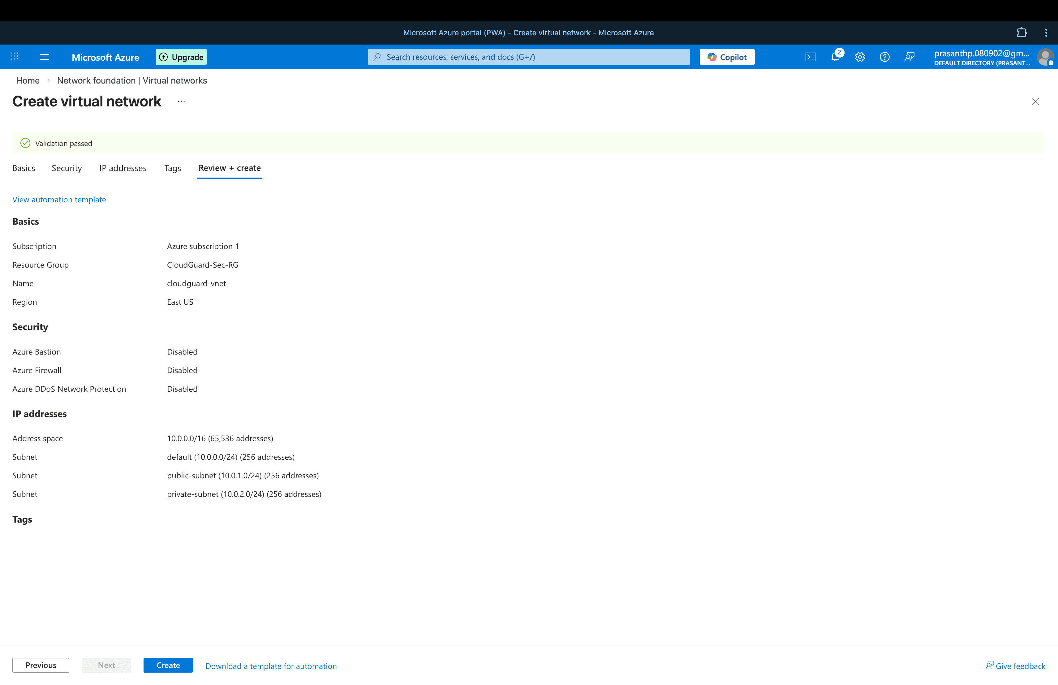 Azure VNet Review and Create