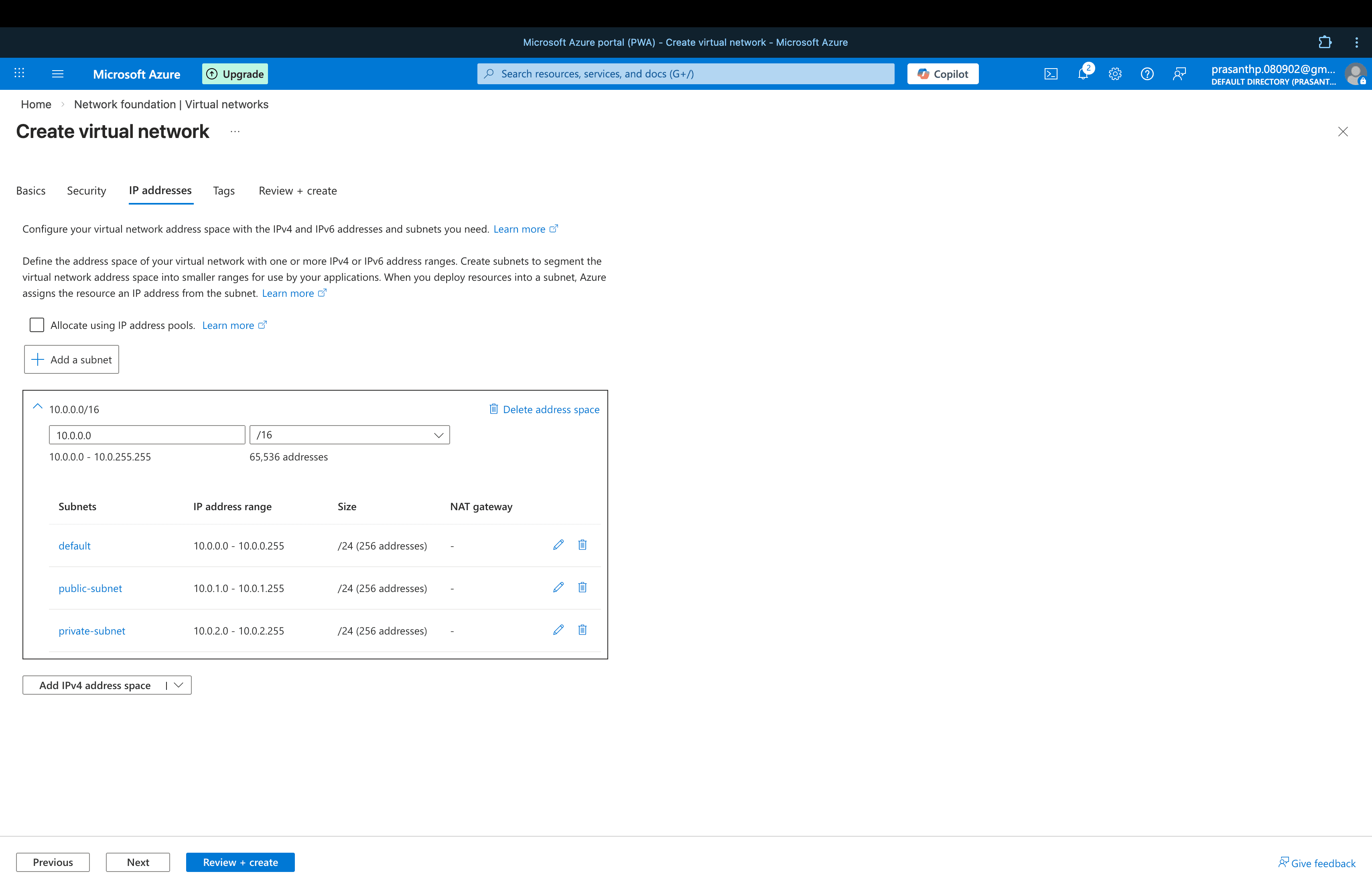 Azure VNet Address Space and Subnets